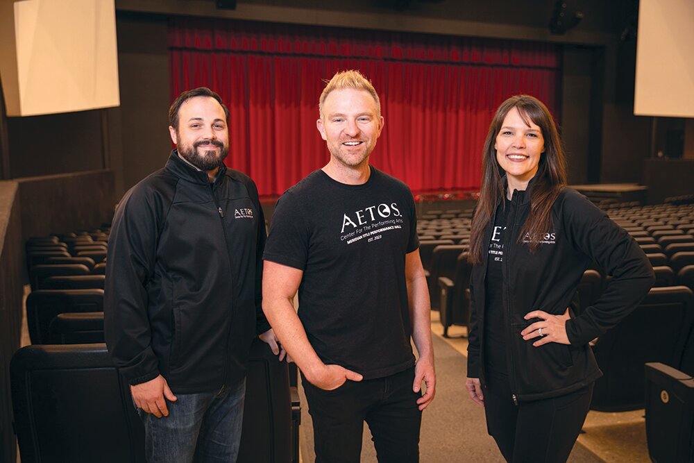 BEHIND THE SCENES: From left, technical director Cory Glenn, booking agent Zac Rantz and head of operations Allison Fleetwood coordinate the nationally touring shows that visit The Aetos.